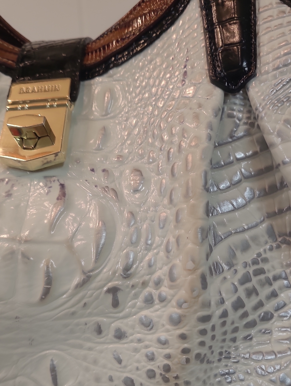 Brahmin White/Silver Croc-Embossed Hobo Satchel with Brown/Black/Gold Tone Trim - Picture 5 of 16